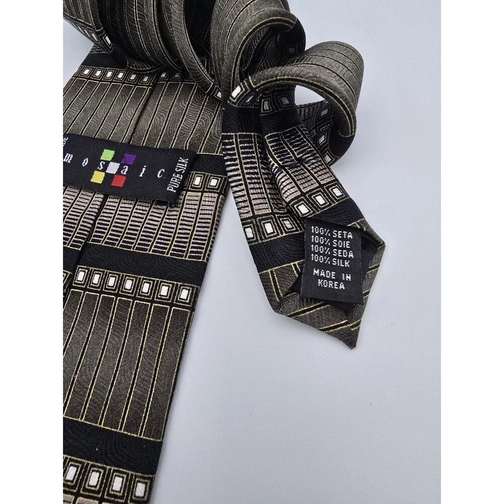 Vtg Mosaic Geometric Silk Tie BlackGold ArtDeco Architectural Retro 90s Handmade